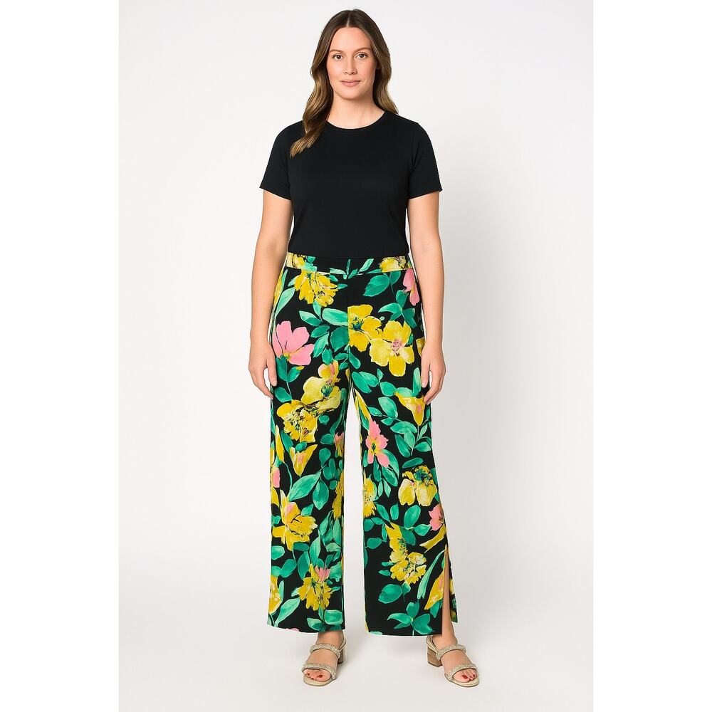 Denim&Co Black Wide-Leg Pants with Yellow & Pink Floral Print